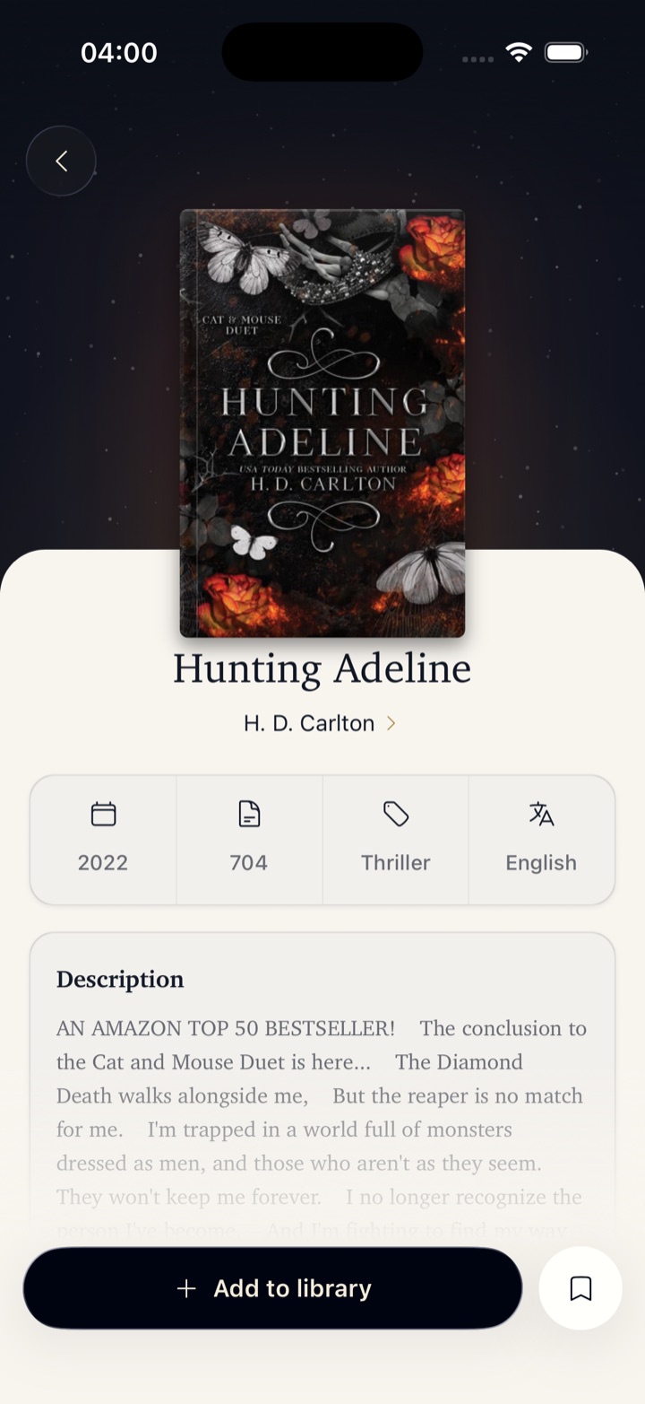 Book detail screen for Hunting Adeline by H. D. Carlton