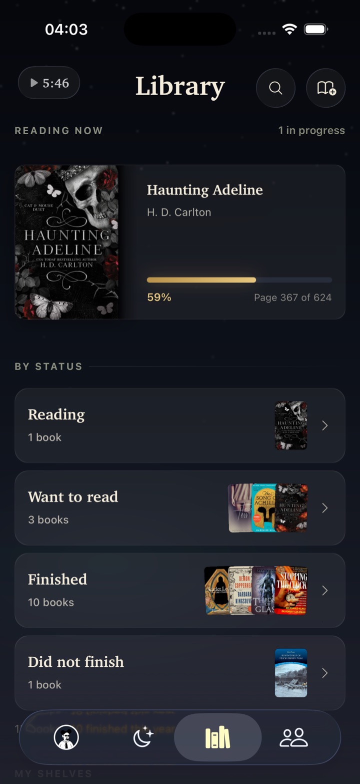 Library screen showing reading now, and books sorted by status