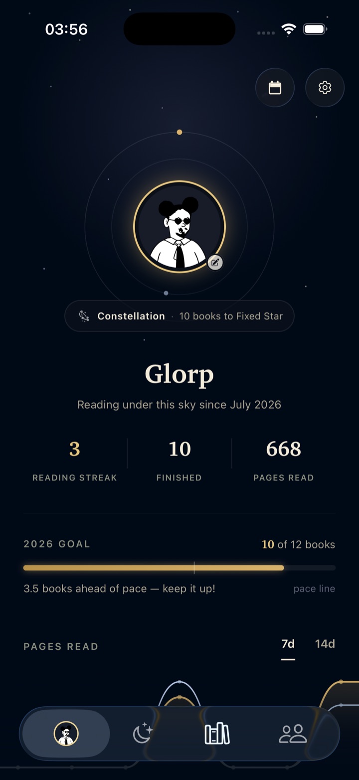 Profile screen with reading streak, books finished, pages read, and 2026 goal progress