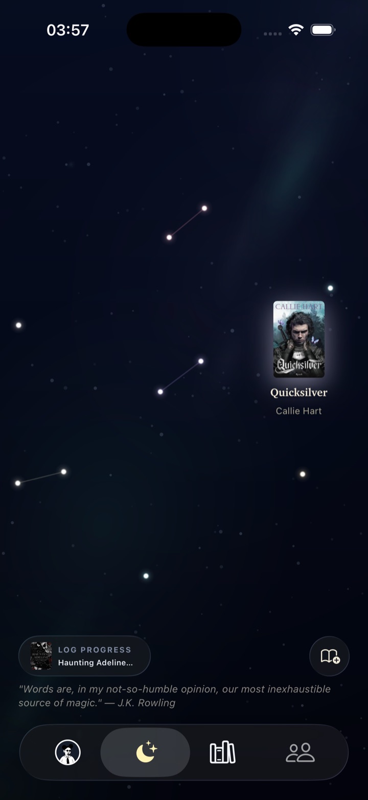 Stellary's night-sky view, showing a constellation formed from a finished book and a book currently being read